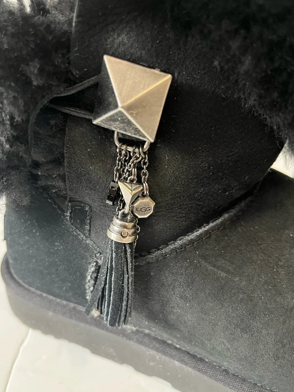 Ugg Black Suede shearling Fluff Collar details Button Ankle Boots size 10